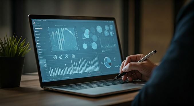 alt_text: Biuro małego przedsiębiorstwa z narzędziami automatyzacji, pracownik analizujący dane.